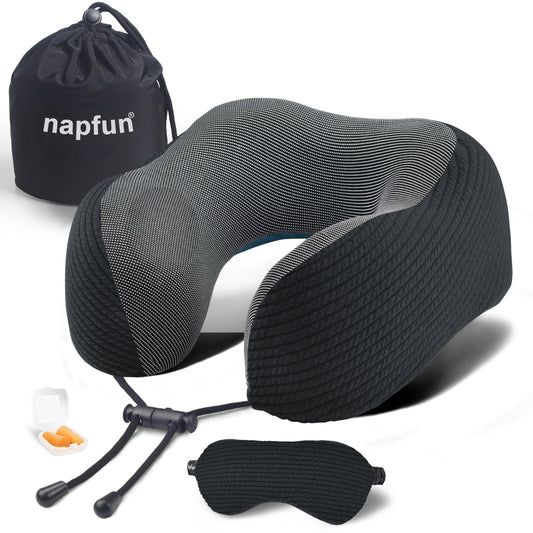 napfun Neck Pillow for Travel with Travel Pouch, Sleep Mask & Earplugs, Memory Foam Airplane Pillow for Headrest Sleep with Eyeshades, Plane Essentials with Eye Blindfold, Black Striped Kit
