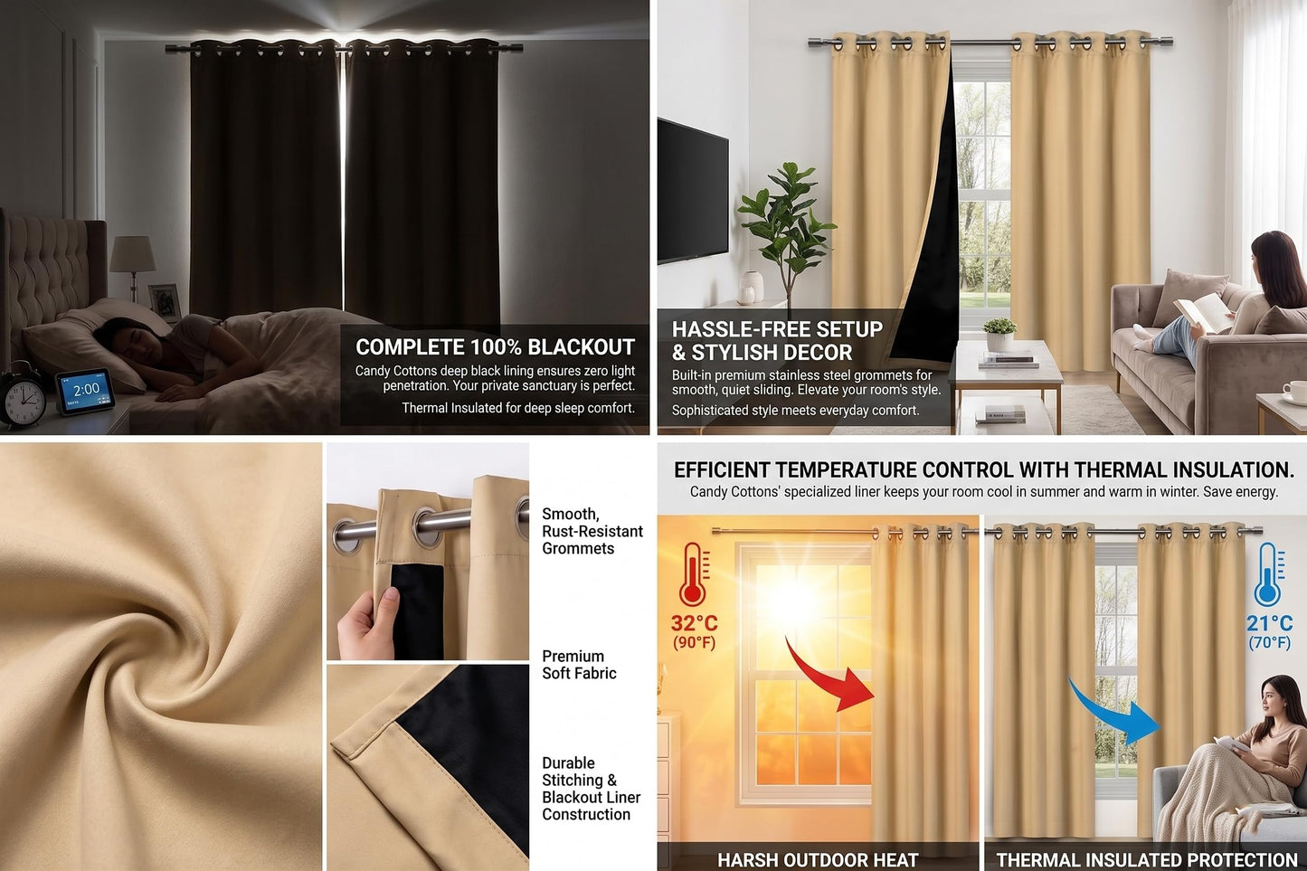 Candy Cottons Blackout Curtains for Bedroom and Living Room, Bedroom Decor, Black Liner for 100% Blackout, Thermal Insulated, Built with Stainless Steel Grommet, Easy Installation, Grey, 52x84
