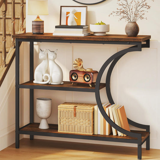 Hoctieon Console Table, 3-Tier Industrial Entryway Table with Storage, Hallway Tables, Narrow Entrance Sofa Tables, C-Shaped Metal Frame, Accent Tables with Shelves for Living Room, Rustic Brown