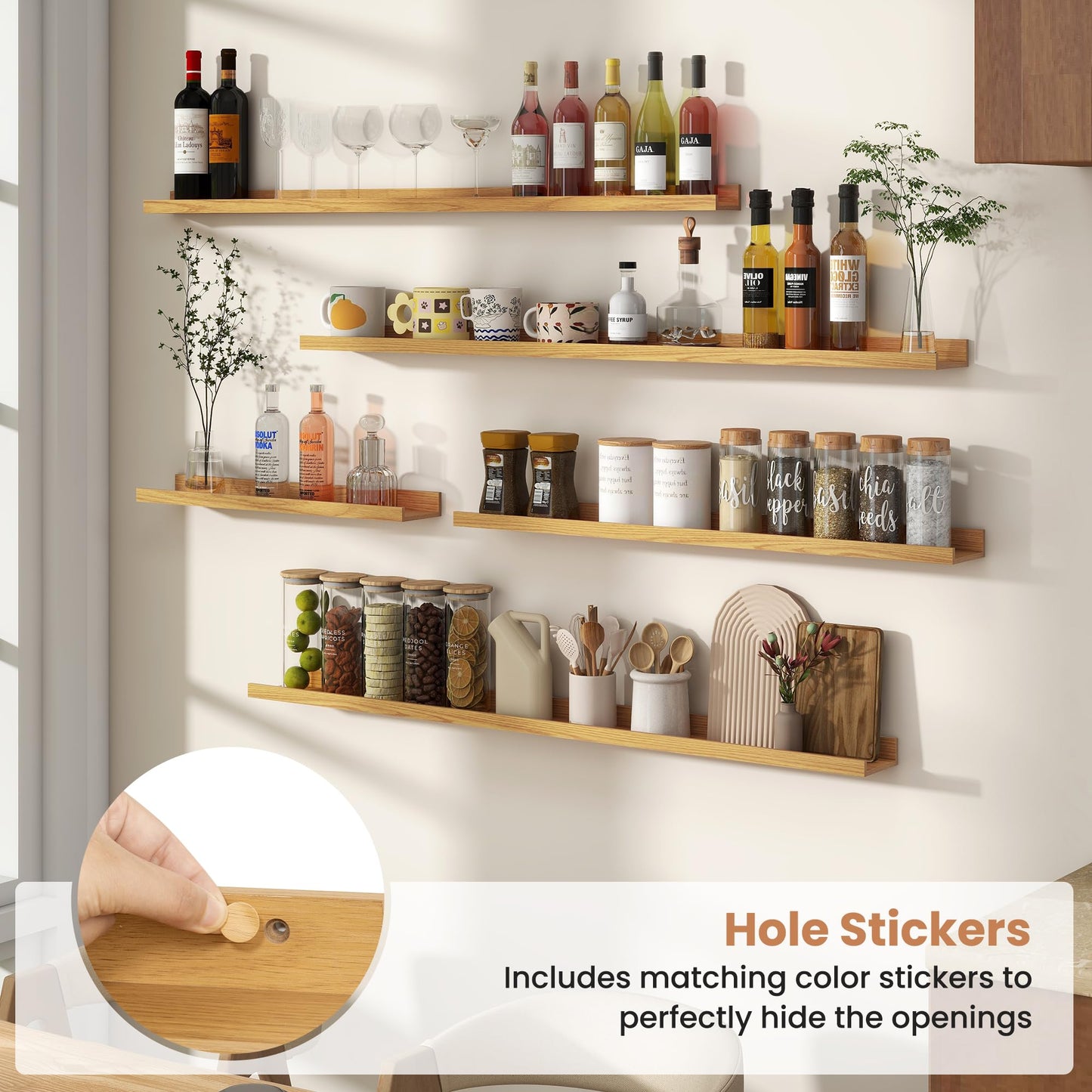 Fun Memories Picture Ledge Shelves Set of 4, 48 Inch Rustic Wall Mounted Floating Shelves with Lip for Home Storage and Décor in Bathroom, Kitchen, Nursery, Bedroom, Living Room, Oak