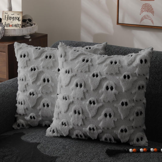 DFXSZ Halloween Pillow Covers 20x20 inch Set of 2 Silver Gray Ghost Throw Pillow Cases Soft Plush Faux Fur Wool Couch Cushion Case for Chair Sofa Bedroom Living Room Home Decor PTK03X20