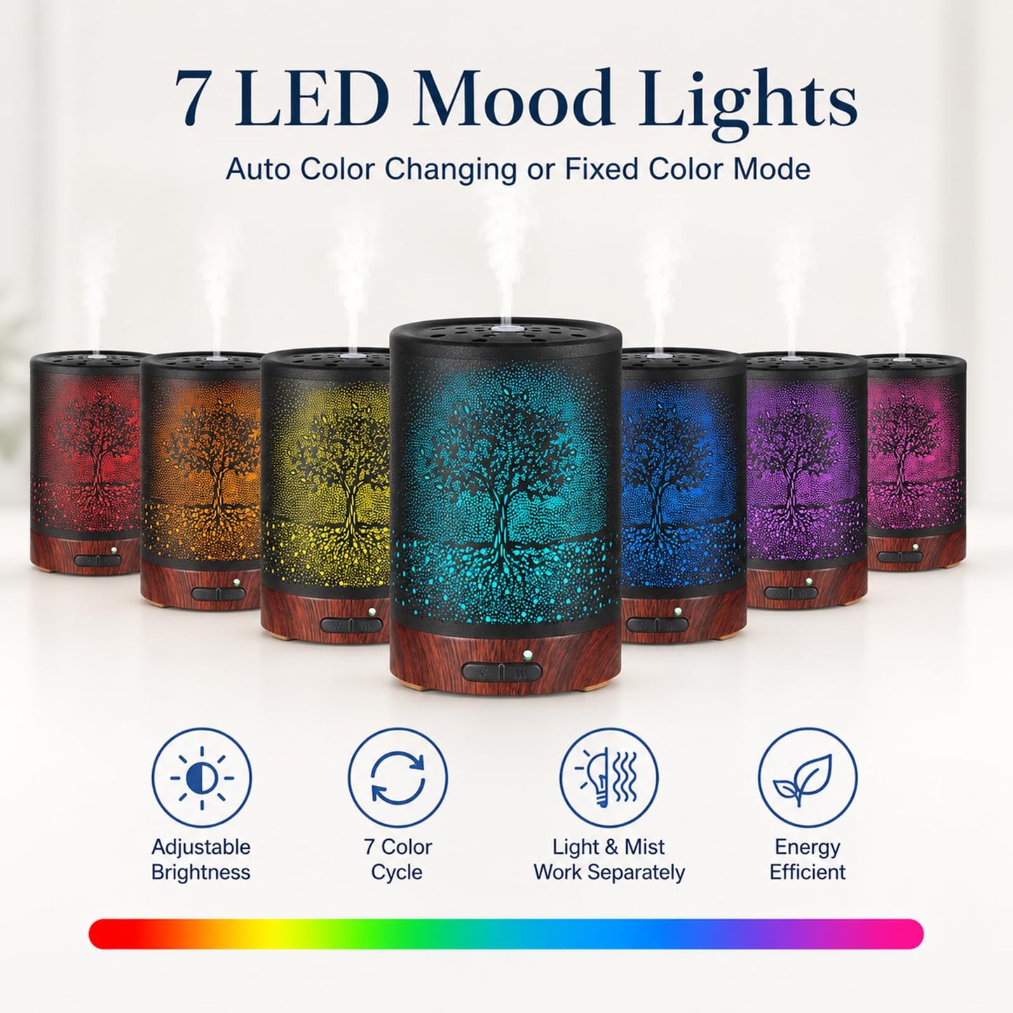 Essential Oil Diffuser- Aromatherapy Diffuser with7 Colors Light and Auto-Off for Women Metal Cool Mist Humidifier for Home and Office for Mom Women(Tree)