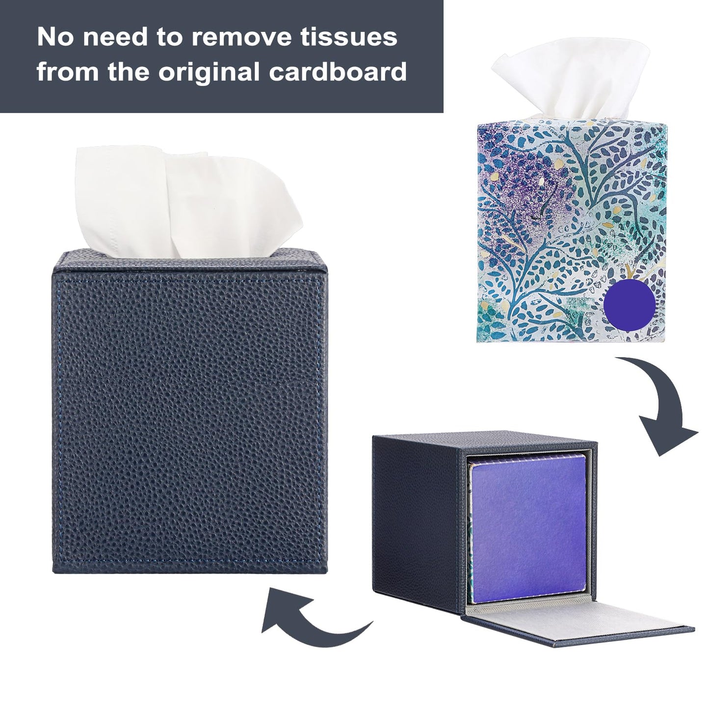 Sumnacon Tissue Box Cover Square Tissue Box Stylish PU Tissue Box Holder with Magnetic Bottom,Leather Cube Tissue Cover for Living Room Bathroom Bedroom Table Desk Home Office Car, Navy Blue