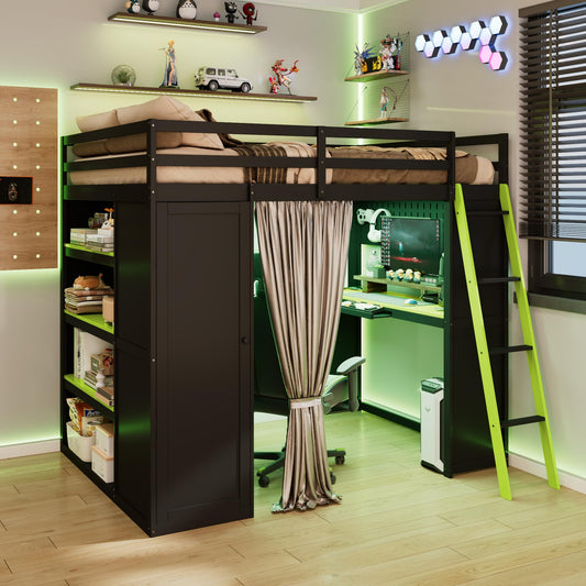 Merax Wood Loft Bed with Wardrobe,Shelves,Blackout Curtains and RGB Lights, Full Size, Black+Green