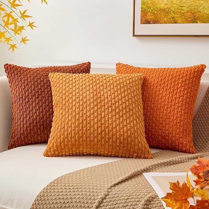 Kevin Textile Fall Pack of 2 Corduroy Decorative Throw Pillow Covers 22x22 Inch Soft Boho Striped Pillow Covers Modern Farmhouse Home Decor for Spring Sofa Living Room Couch Bed Orange
