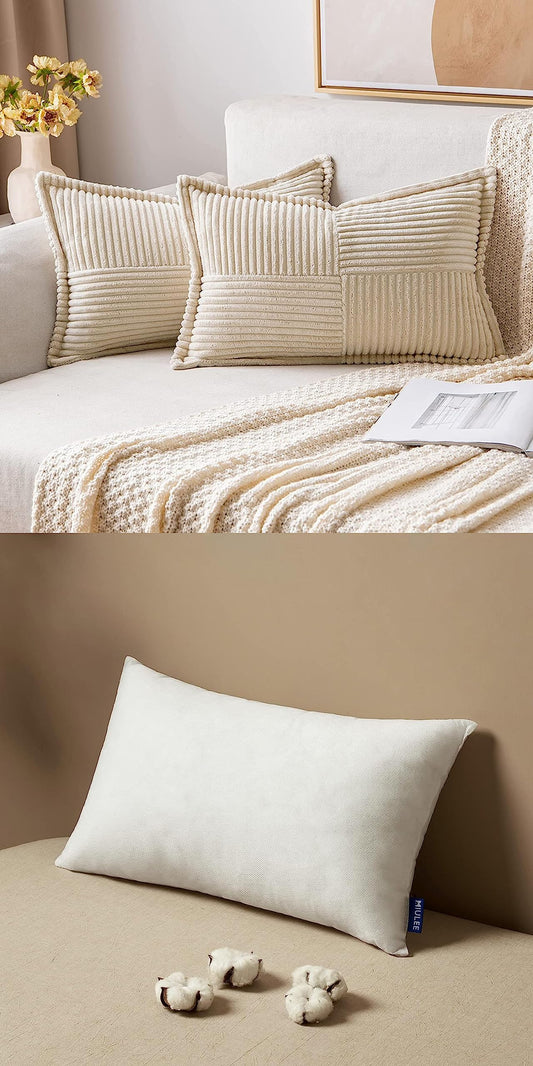 MIULEE Pack of 2 Decorative Corduroy Boho Striped Pillow Covers Beige Bundle Set of 2 Pillow Inserts 12x20