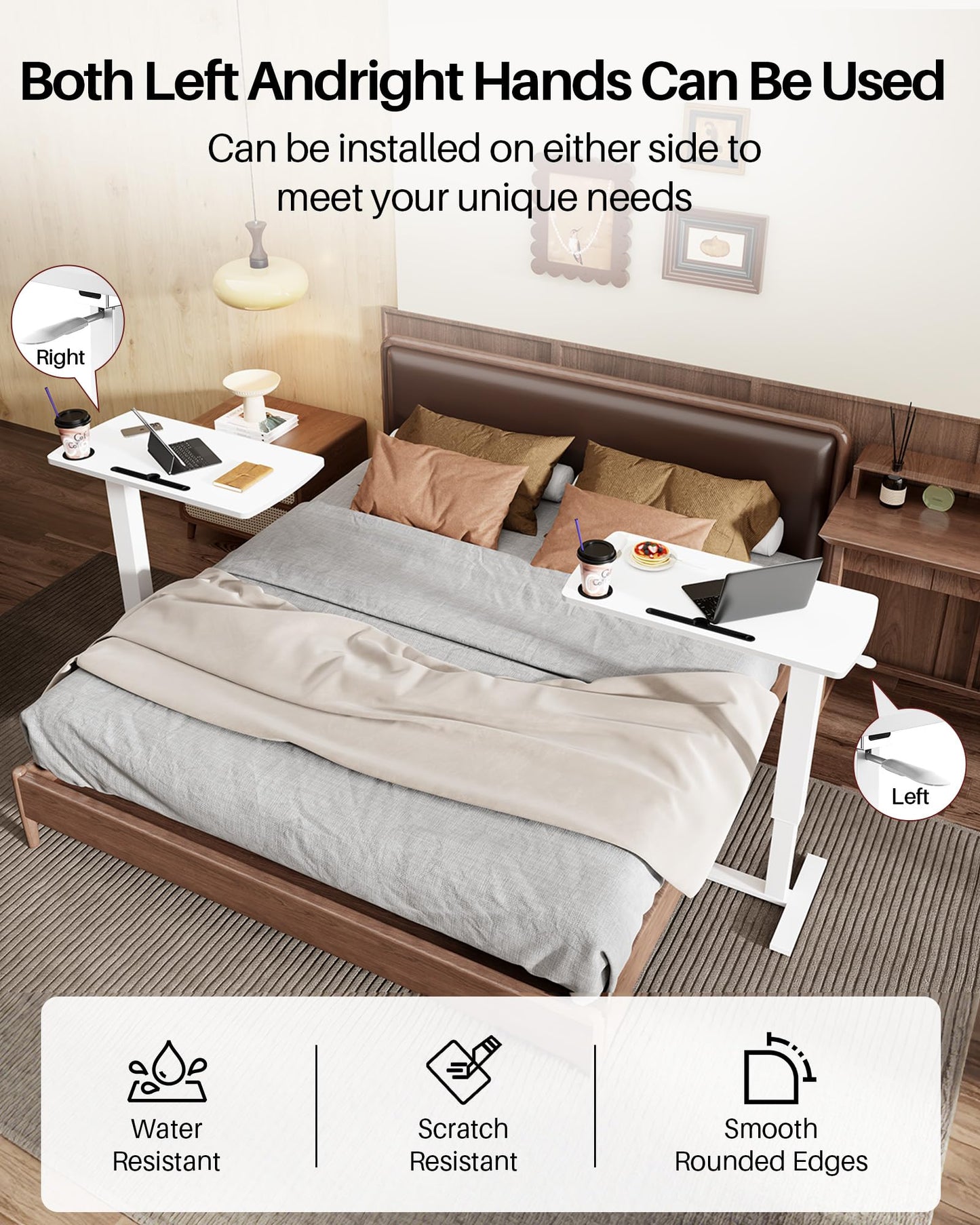 Hovadova Foldable Overbed Table with Wheels, Pneumatic Adjustable Overbed Bedside Table, Mobile Standing Desk, Hospital Bed Tables Over The Bed, Rolling Laptop Desk with Casters for Home Office
