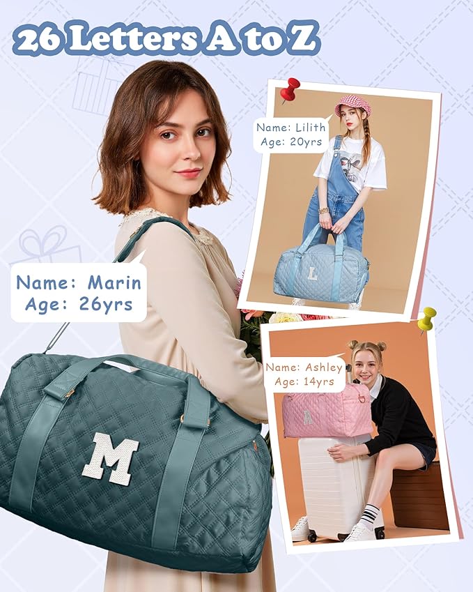 Elilier Initial Duffle Bag for Travel Women Girls Gift: Personalized Weekender bags, Dance Cheer bag Sports for Girl, Kid Gymnastics Bags, Birthday Gifts for Women Girls Kids Teens Mom Teacher