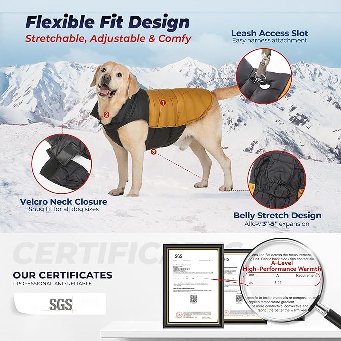SPACE LION Dog Puffer Jacket, Down Winter Coat, Durable Outdoor Coat for Cold and Windy Conditions, Lightweight & Adjustable Fit Coats for Large Dogs, (BlackKhaki, Size24/2XL)