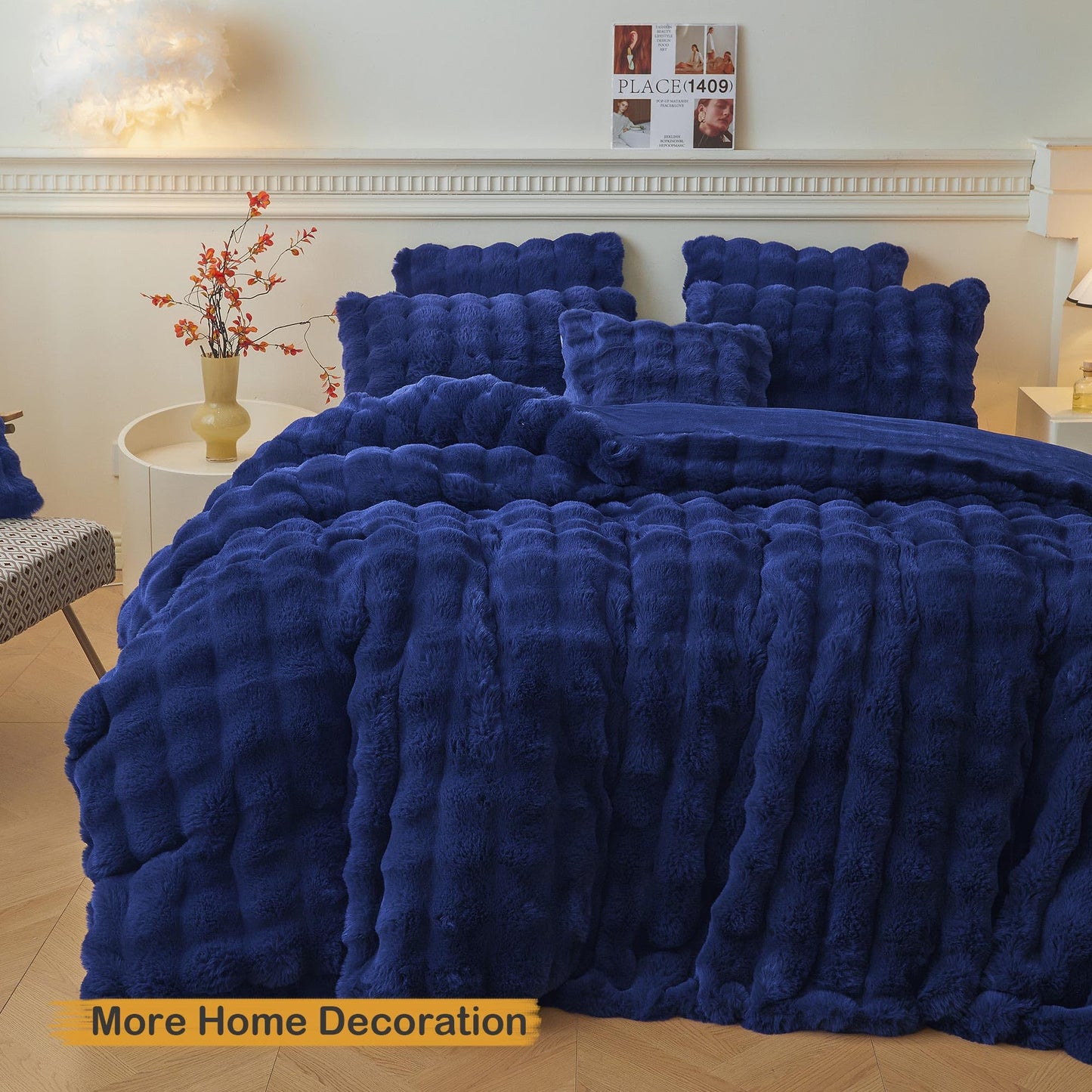 LIFEREVO 2 Pack Fluffy Faux Rabbit Fur Pillow Cases, Luxury Soft Plush Shaggy Bubble Pillowcases Standard Size with Zipper Closure, Furry Fuzzy Pillow Shams for Bedroom Living Room 20x26, Navy Blue