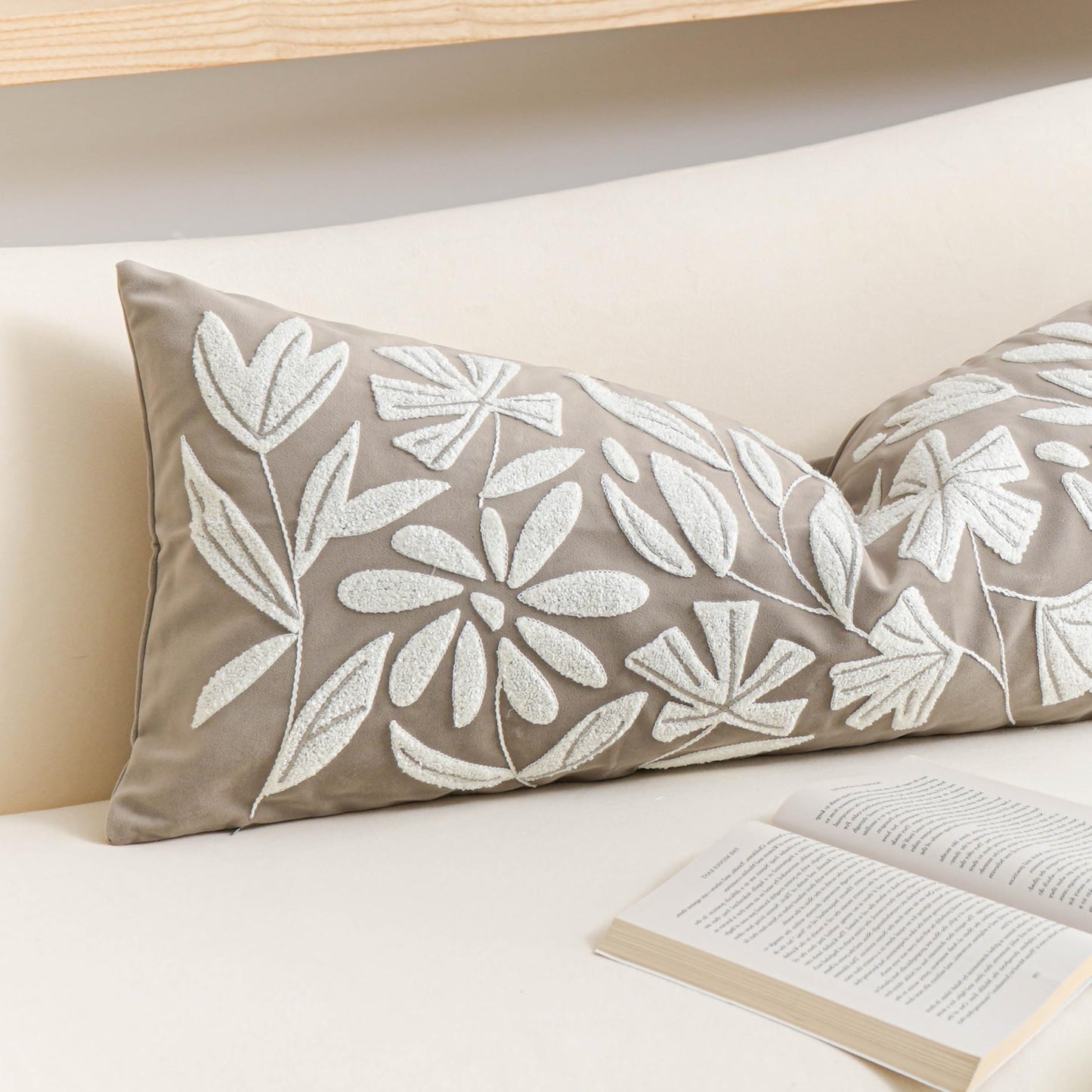 BlissBlush 14x36 Lumbar Pillow Cover for Bed, Taupe Rectangular Long Throw Pillowcase, Embroidered Velvet Floral Tufted Farmhouse Accent Cushion (Cover Only)