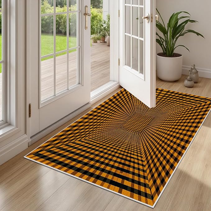 3D Rugs Optical Illusion - Plaid Rug 3x4, Geometric Stripes Soft Neutral Indoor Floor Mats Carpet, Non-Slip Stain Resistant Modern Orange Rug for Bedroom, Living Room Rugs