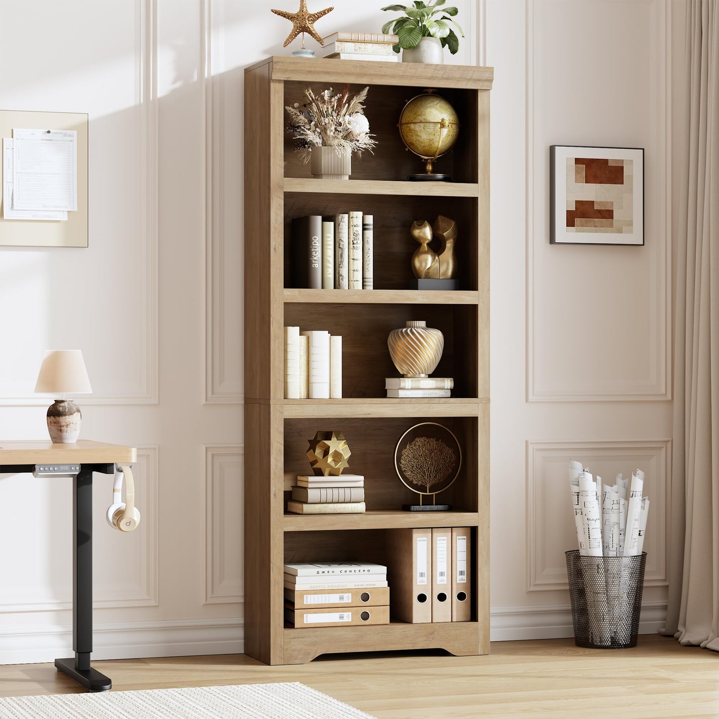 5 Tier Bookshelf, 69" Tall Farmhouse Bookcase - with Adjustable Shelves, Floor Standing Open Display Storage Rack with Anti-Slip Design for Home Office, Balcony, Library, Study / Living Room, Brown