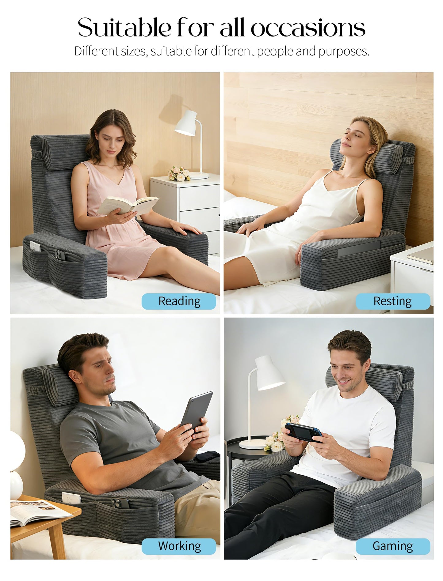 Seniny Reading Pillow for Bed Adult - 22" Back Support Pillow for Sitting Up Rest, Husband Bed Chair and Backrest Pillow with Arms, Lounge Sit Up Pillows for Dorm, Corner, Couch, Study, Watching TV