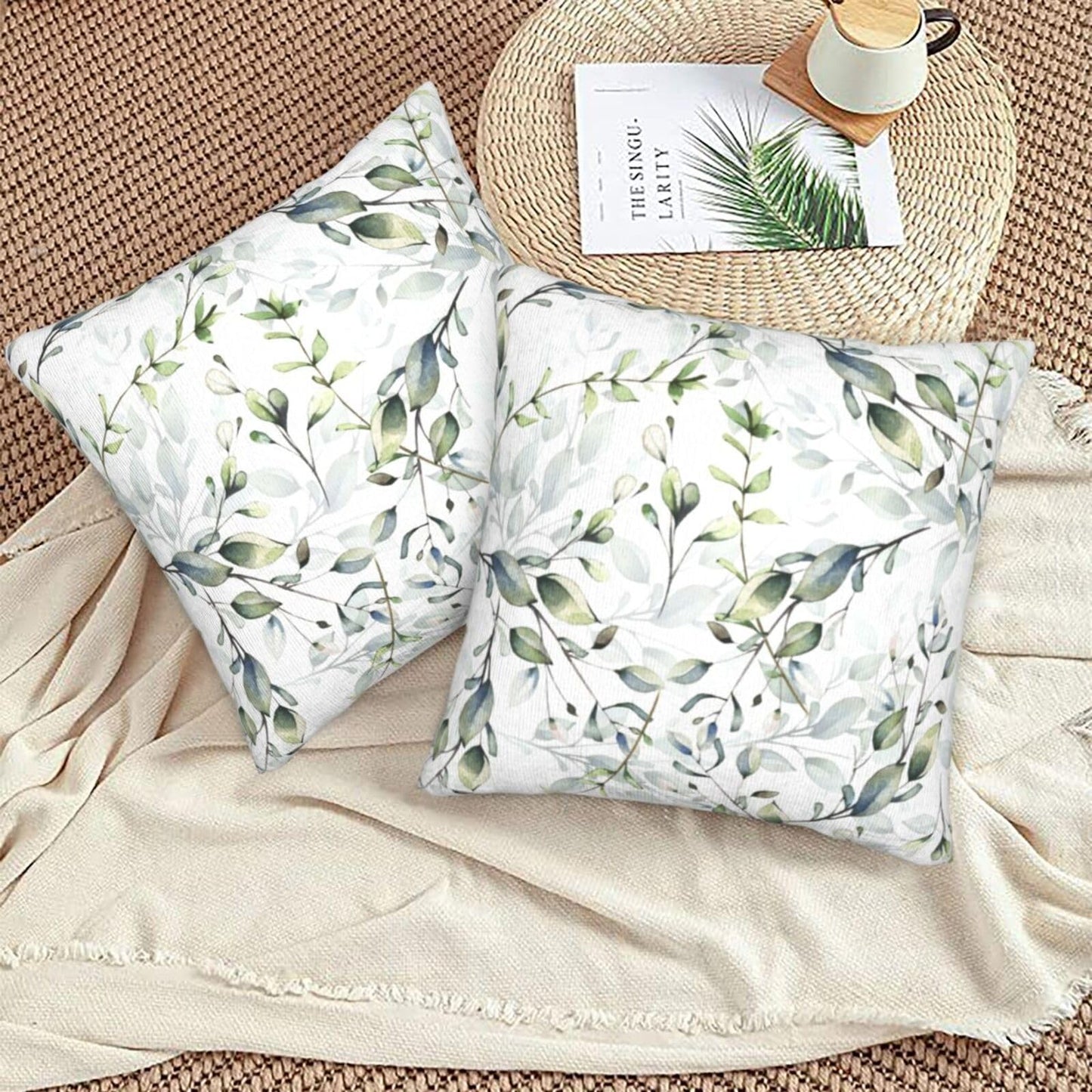Coshatsu Spring Pillow Covers 18 x 18 Inch Set of 2,Sage Green Cream Wild Flower Plant Throw Pillows Case,Modern Seasonal Decorative Square Farmhouse Decor Cushion Covers for Home Sofa Bed Couch