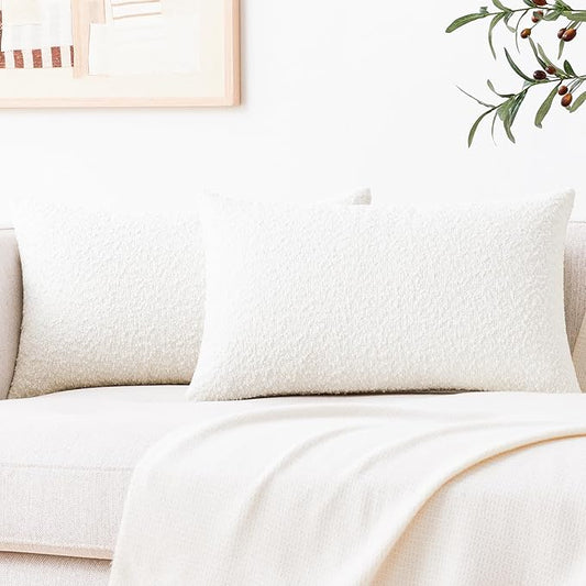 Mixhug Decorative Boucle Throw Pillow Covers, White, 12 x 20 Inches, Pack of 2 - Textured Boho Pillow Covers for Couch and Bed