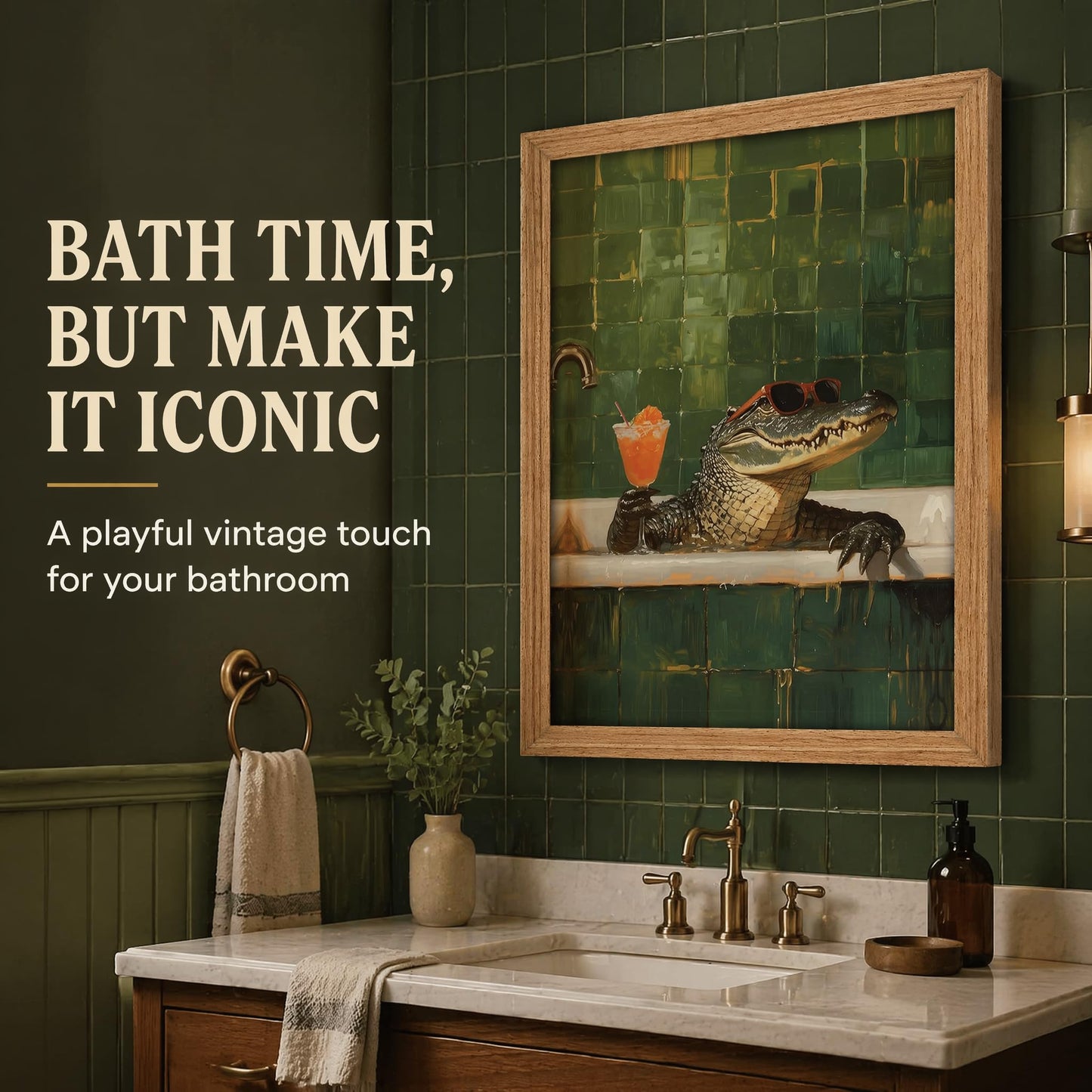Funny Crocodile Bathroom Wall Art Framed Chillin Crocodile with Cocktail Wall Decor Funny bathtub Animal Painting Picture Cool Alligator Bath Time Prints Artwork for Bathroom Bar Home Decor