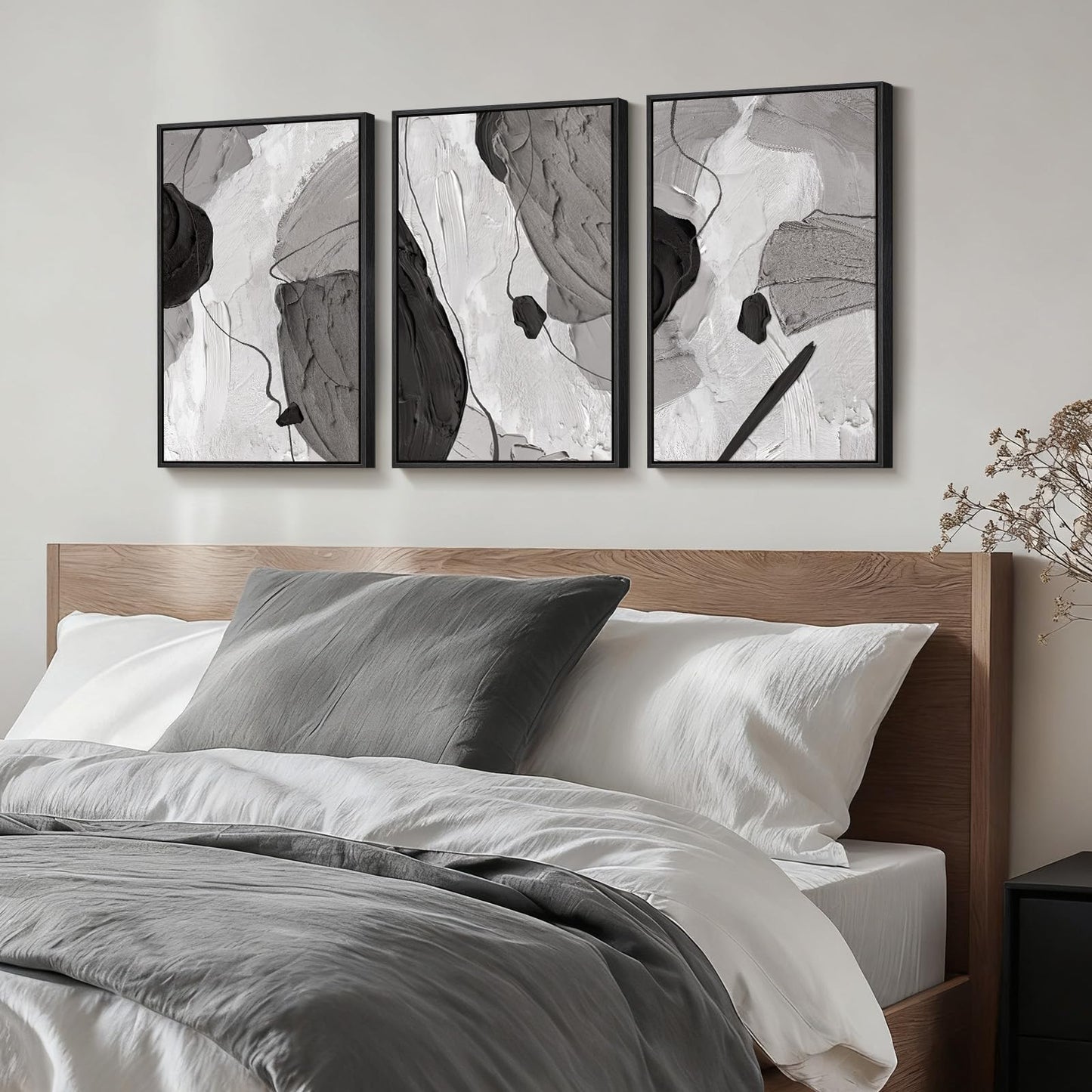 Framed Black and White Modern Abstract Wall Art, 3 Piece Canvas Prints Paintings Artwork for Walls, Minimalist Black White Grey Pictures for Living Room Dining Room Bedroom Office Wall Decor 16x24 In