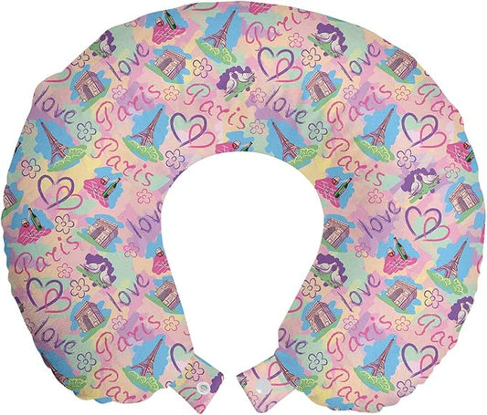 Ambesonne Modern Travel Pillow Neck Rest, Vintage Retro Paris French Design with Landmarks and Florals Art, Memory Foam Traveling Accessory for Airplane and Car, 12", Pink Blue
