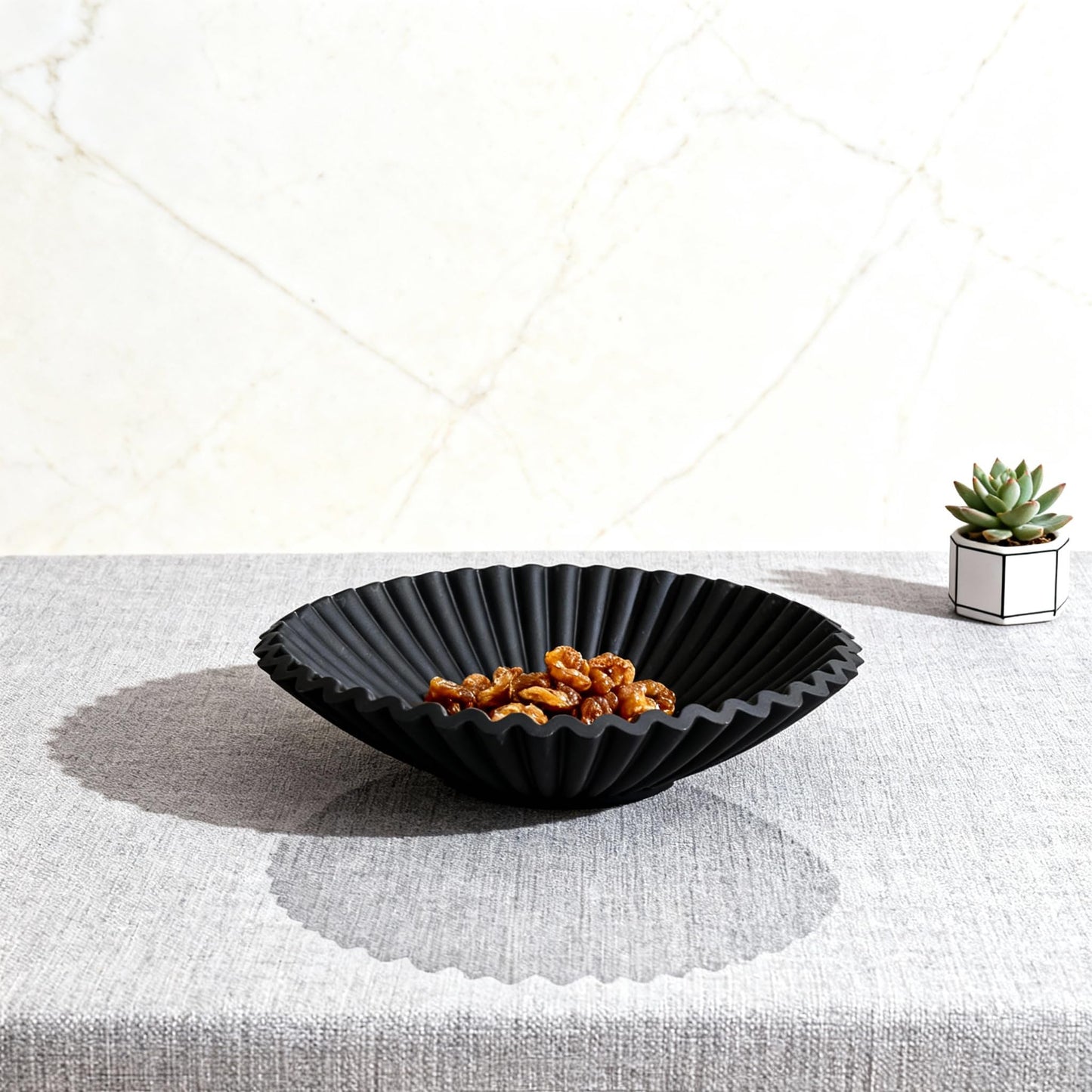 XYQXYQ Modern Decorative Bowl 8.6" - Scalloped Ruffle Centerpiece for Home Decor, Multi-Use Fruit/Candy/Key Bowl for Coffee Entry Table & Kitchen Counter, Artificial Stone Aesthetic Bowl (Black)