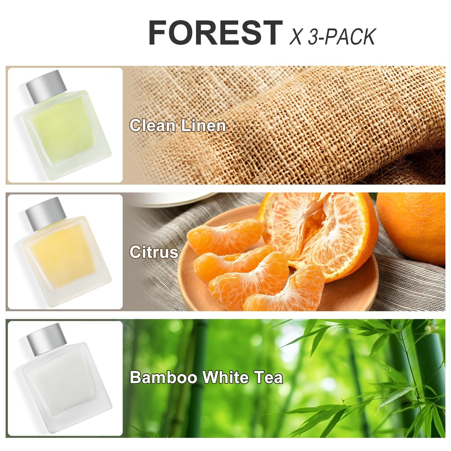 Aeeteek 3-Pack Reed Diffuser Set, Linen/Citrus/Bamboo White Tea Scented Oil, Forest Aroma Essential Oils with Diffuser Sticks, Long Lasting Bathroom Air Freshener, Home Fragrance for Room Decor
