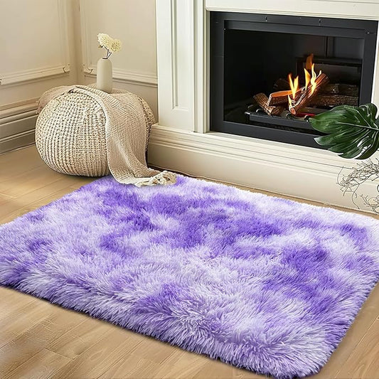 Small Rugs for Bedroom, Fuzzy Throw Rug for Living Room Dorm, Soft Fluffy Bedroom Rug, Non Slip Shag Rugs, Modern Indoor Home Decor Aesthetic, 2x3 Feet, Tie-Dyed Purple
