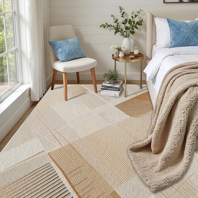 Minimalist Abstract Area Rug 6x8 Brown Boho, Modern Washable Stripe Art Rugs, Soft Non-Slip Low-Pile Carpet for Living Room, Bedroom, Kitchen, Dining Room, Pet Friendly, Non-Shedding, Beige