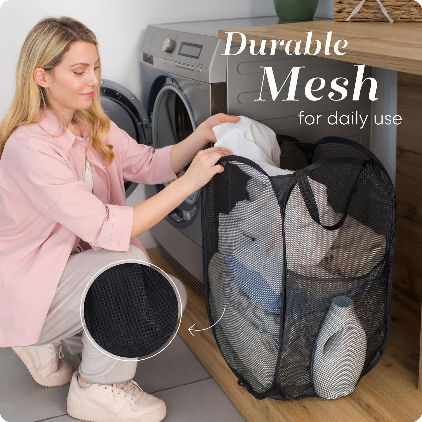 Handy Laundry Collapsible Mesh Pop Up Hamper with Wide Opening and Side Pocket - Breathable, Sturdy, Foldable, and Space-Saving Design for Clothes and Storage (Black | 2-Pack)