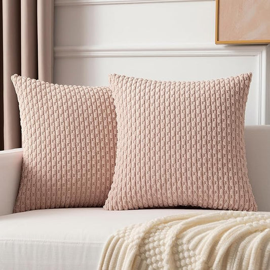 Kevin Textile 2 Packs Light Pink Decorative Throw Pillow Covers 16x16 Inch for Living Room Couch Bed Sofa Valentines Day Gifts Soft Striped Corduroy Square Cushion Case Farmhouse Boho Home Decor