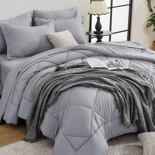 HEVUMYI Light Grey Queen Comforter Set - 7-Piece All Season Bed in a Bag Queen, Ultra Soft Bedding Set with Comforter, Flat Sheet, Fitted Sheet, Pillowcases, Pillow Shams, Light Gray