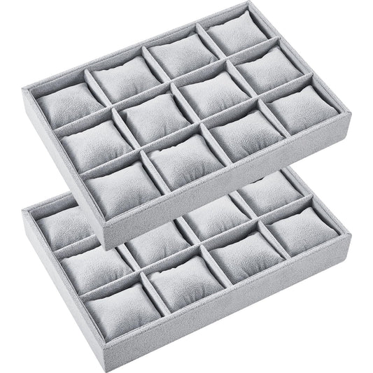 Henoyso 2 Pieces 12 Grid Velvet Watch Tray Jewelry Organizer Stackable Watch Bracelet Bangle Display Holder Adjustable Pillow (Gray)