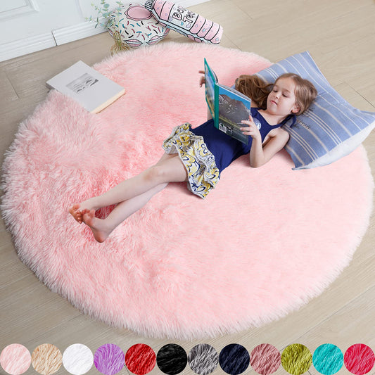 Amdrebio Light Pink Round Circle Rug 4Ft for Girls Bedroom, Fluffy Cute Area Rugs for Kids Room Decor Aesthetic, Small Shag Fur Carpet for Nursery Dorm Classroom Playroom Teen Toddler Baby Corner