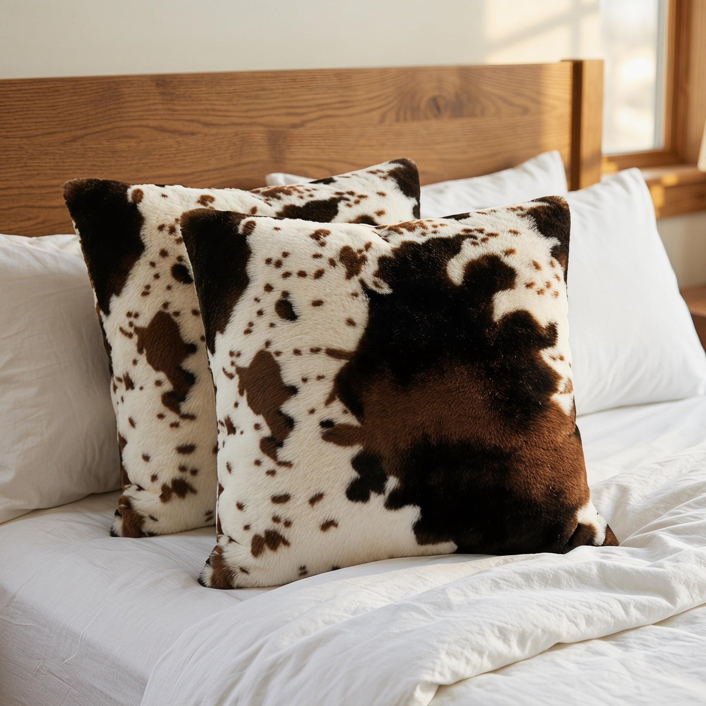 TOMWISH Cowhide Animal Black White and Brown Faux Fur Throw Pillow Covers 18x18 Set of 2 for Chair Bedroom Living Room Sofa Couch Bed Outdoor Double Sided Printing Furry Soft Cozy Pillow Covers