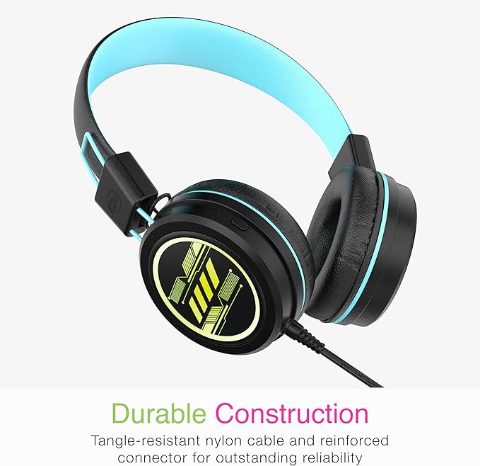 MEE audio KidJamz KJ55 Safe Listening USB-C Headphones for Children with Multicolor LED Lights, Volume Limiter, & Microphone; On-Ear Wired Kid Headset for iPhone 16, iPad, & USB Type C Devices (Black)