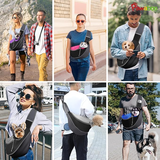 Pawaboo Dog Sling Carrier, Hand Free Breathable Mesh Bag for Puppy Cat, Drawstring Dog Papoose with Adjustable Strap and Pocket, Crossbody Satchel Dogs Purse for Outdoor Travel, S, Deep Purple