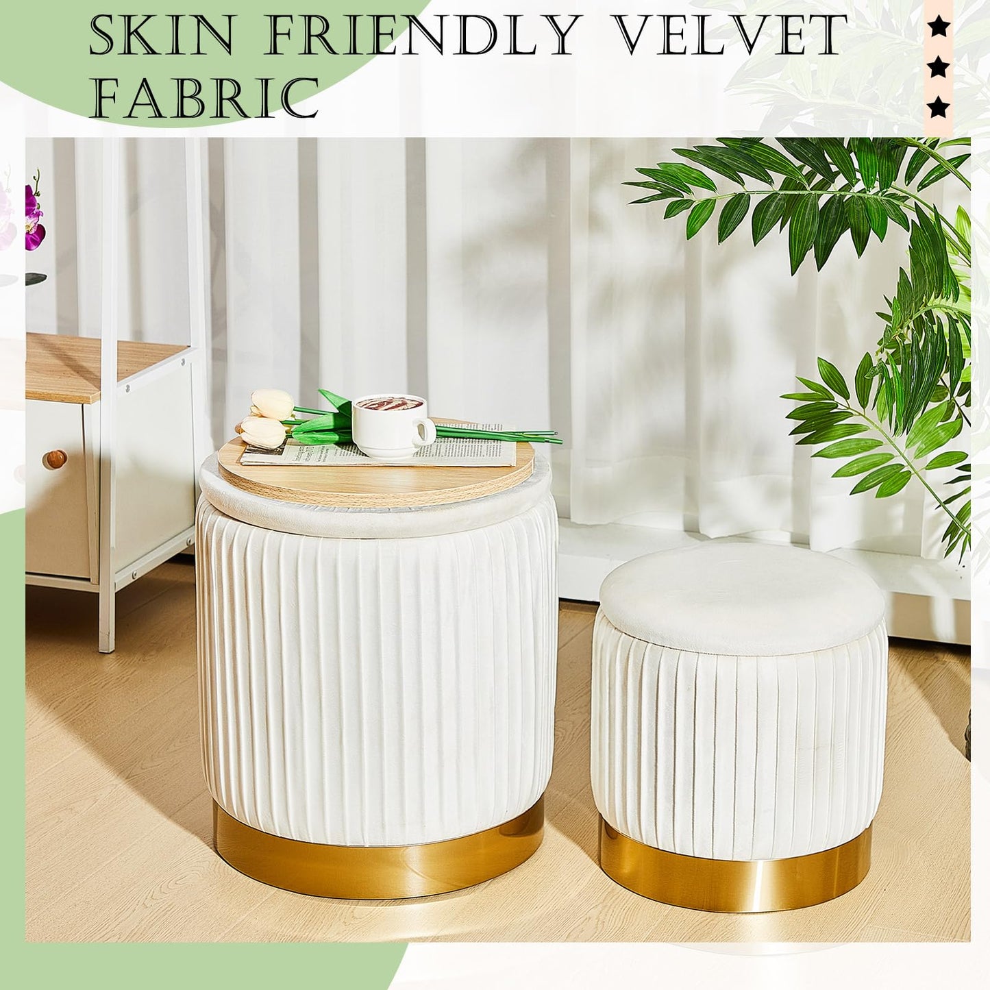 Barydat 2 Pcs Round Ottoman with Storage White Velvet Storage Ottoman Stool with Removable Lid Gold Base for Dorm Living Room Bedroom