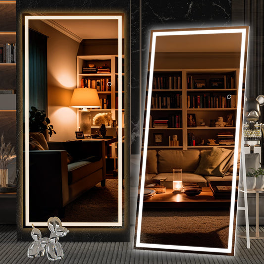 Hasipu Full Length Mirror with Lights, 71" x 32" LED Lighted Floor Standing, Full Body Dressing Hanging Mounted Mirror, Tempered Glass, Square White