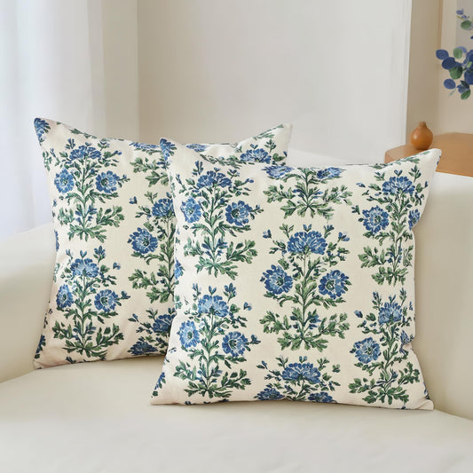 Cythasily Blue Green Block Print Pillow Covers 18x18 Inch Set of 2, Vintage Floral Spring Decorative Throw Pillows Case Boho Cushion Covers Rustic Farmhouse Home Decor for Sofa Couch Bed Living Room