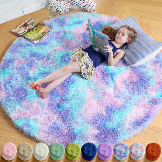 Amdrebio Purple Rainbow Round Rug 4Ft for Bedroom Girls Room Decor, Circular Mermaid Kids Rugs for Playroom Nursery Dorm, Fluffy Furry Cute Shag Carpet, Kawaii Circle Area Rugs for Baby Toddler Teen