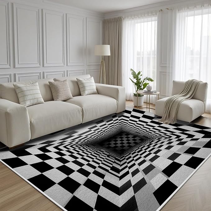Optical Illusion Rug - Black and White Rug for Living Room, Soft Ultra Soft Faux Wool 3x5 Area Rugs Floor Mats, Non Slip&Non-Shedding Low Pile Checkered Washable Rugs, Abstract Geometric Carpet