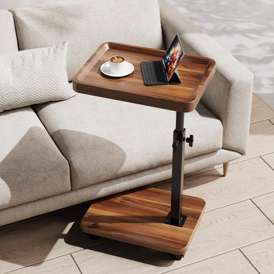 SJIE C Table End Table Adjustable Height, 360°Swivel TV Tray Table for Small Spaces, Side Tables with Wheels for Living Room and Bedroom, Bed (Walnut)