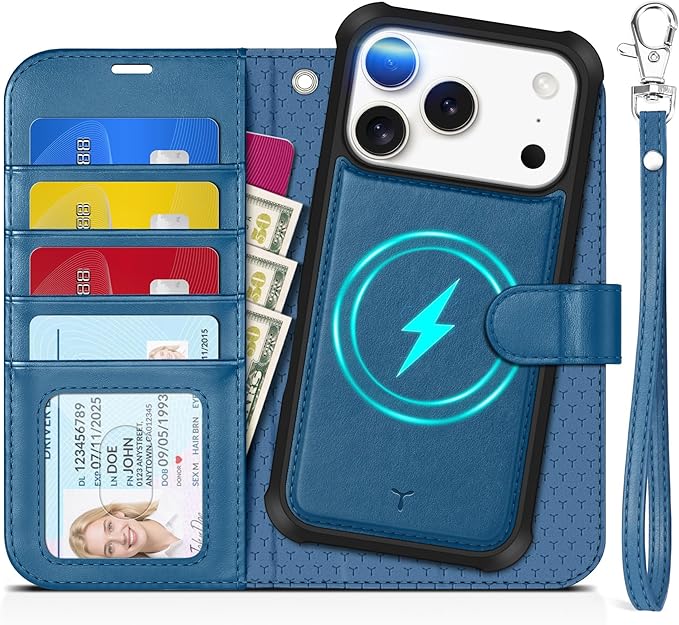 TUCCH Detachable Case Wallet for iPhone 17 Pro (6.3") 2025, Wrist Strap | 4 Card Slots RFID Blocking | Wireless Charging | Stand | 2-in-1 Magnetic | PU Leather | Shockproof Folio Cover | Light Blue