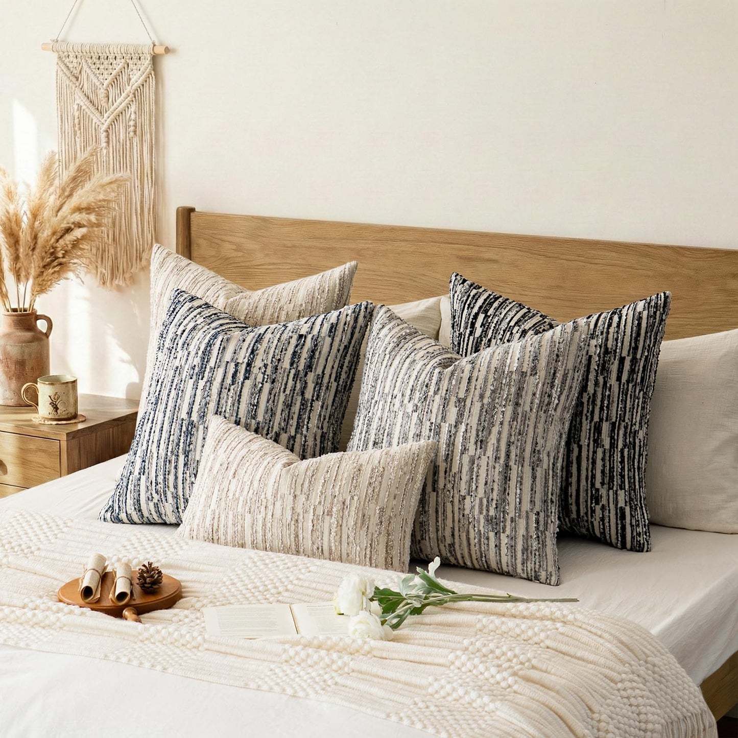 a moment Boho Throw Pillow Covers Set of 2,Striped Decorative Rustic Farmhouse Pillow Cases,Aesthetic Modern Home Decor Couch Cushion Covers for Bed Sofa Living Room 18"X18" Blue