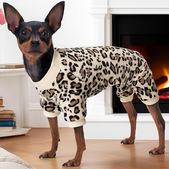 XPUDAC Fleece Dog Pajamas Leopard Dog Sweaters Winter Puppy Clothes for Small Medium Dogs Boy Girl Pet Jumpsuits Doggie Outfits for Christmas, M