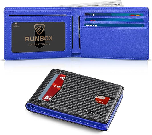RUNBOX Wallet for Men Slim Leather Bifold RFID Blocking Minimalist Front Pocket Design with Gift Box