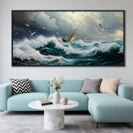 YDYSUNE Large Retro Ocean Wall Art, Nautical Sailboat Canvas Painting, Textured Coastal Picture Artwork, Vintage Adventurer Wall Decor Framed for Living Room Bedroom Home 29x58 Inch