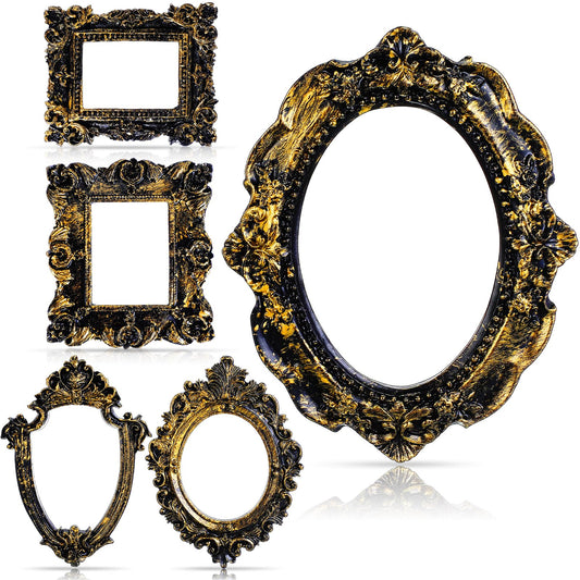 Yalikop 5 Pcs 4.9 x 4 Small Vintage Black Gold Frames for Craft DIY Decoration, Mini Ornate Resin Photo Frames Bulk for Refrigerator Wedding Christmas Jewelry Display Photo Holiday Party Invitation
