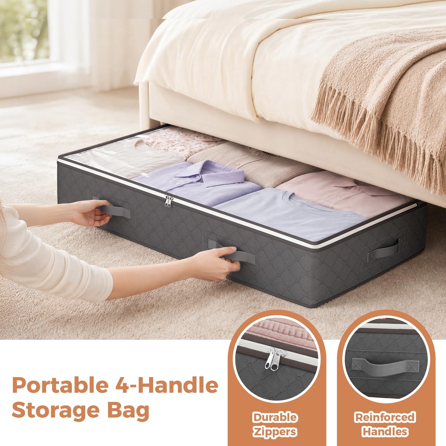 Budding Joy 90L Under Bed Storage Containers, Closet Organizers and Storage Bins, Foldable Underbed Storage Bags for Linen Sheets, Blanket, Clothing, Comforter, Sweaters, Pillows, Wrapping Paper, Grey