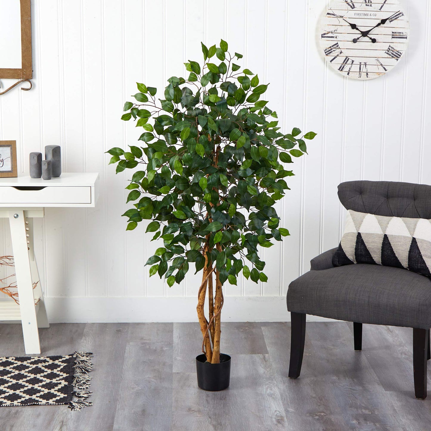 Nearly Natural 4ft Triple Trunk Ficus Silk Tree with Natural Wood Trunks and Dense Foliage, Mid-Size Faux Floor Plant for Home and Office