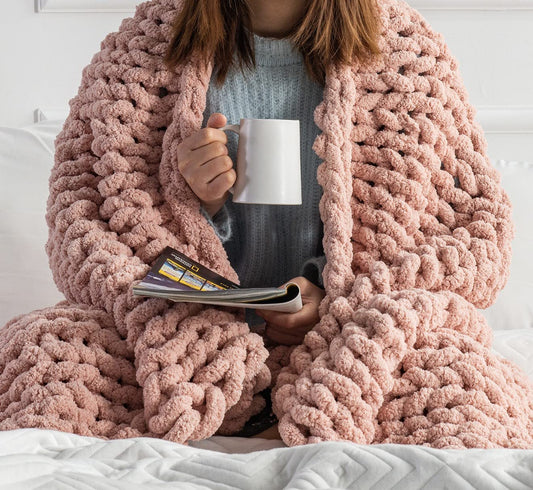 Chunky Knit Blanket Throw - 50"x60" 3.7 lbs.- Soft Chenille Yarn Knitted Blanket -Machine Washable Crochet Blanket - Handmade Cable Knit Throw Blanket for Couch, Bed (Blush Pink)